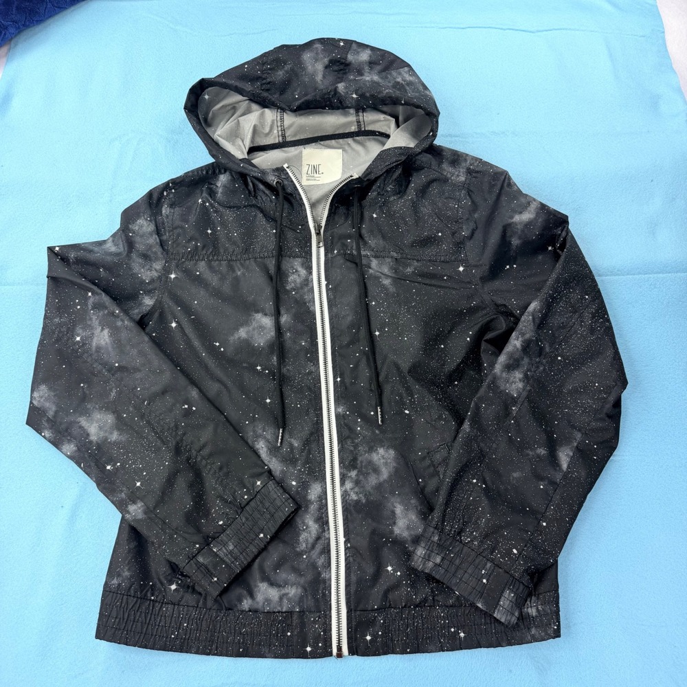 Zine Galaxy Star Print Windbreaker Jacket Black White Full Zip Hoodie Large
